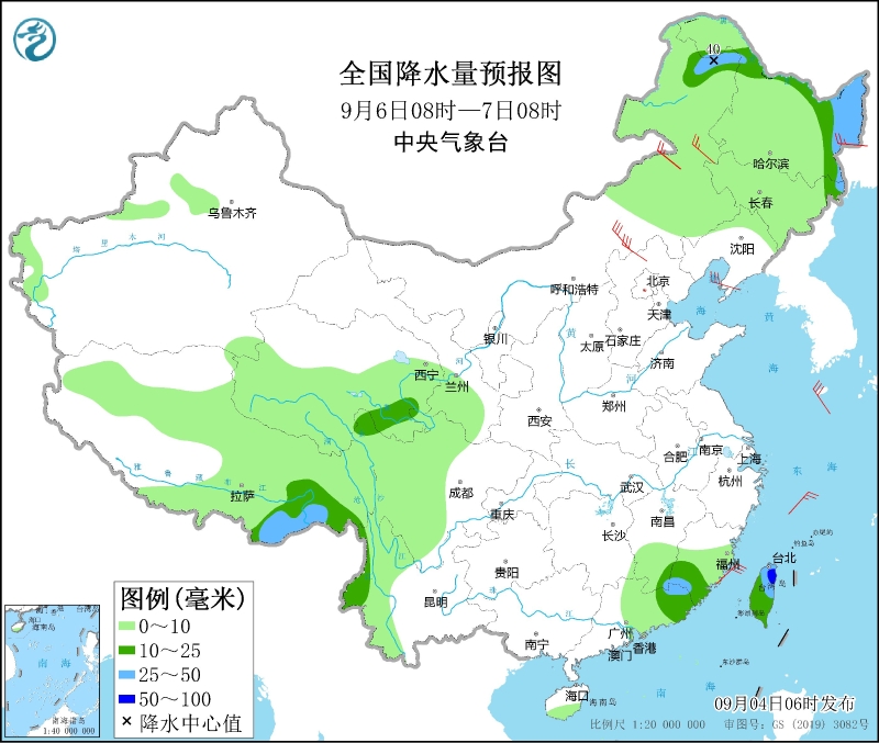 全国降水量预报图(9月6日08时-7日08时)