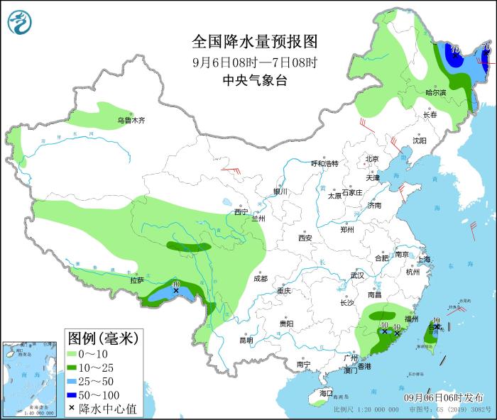 图1 全国降水量预报图(9月6日08时-7日08时)