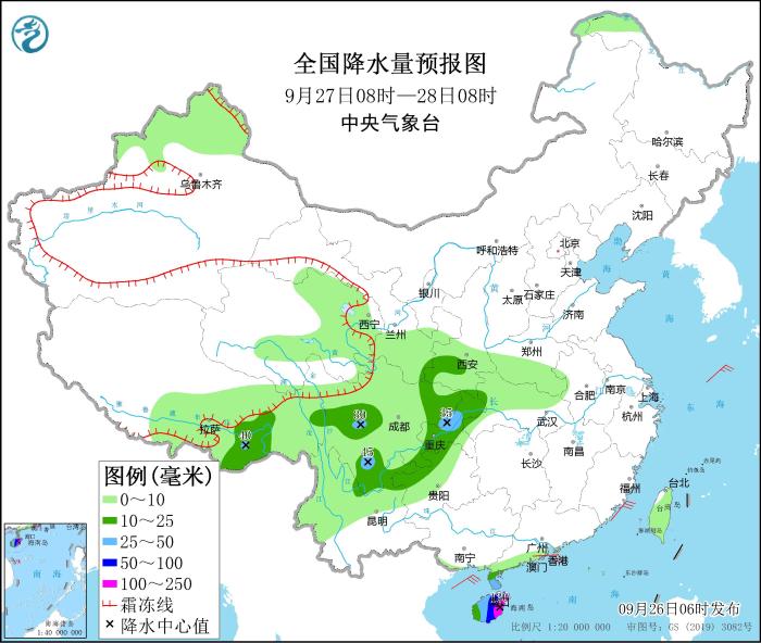 全国降水量预报图(9月27日08时-28日08时)