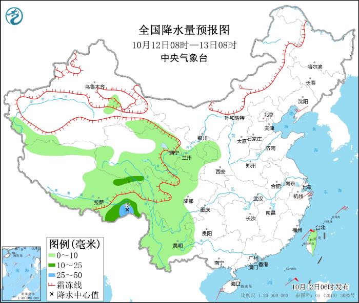 全国降水量预报图(10月12日08时-13日08时)