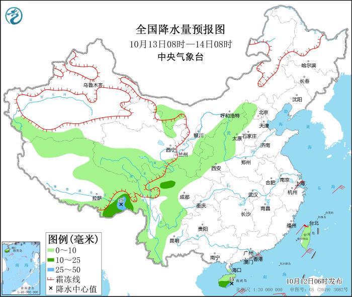 全国降水量预报图(10月13日08时-14日08时)