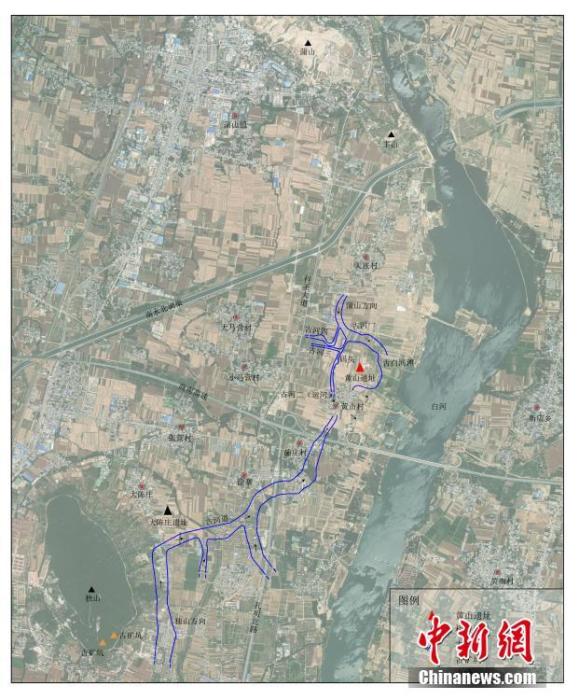地图显示河南南阳黄山遗址与独山相距很近。中新社发 河南省文物考古研究院 供图