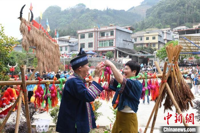 图为游客体验壮族敬牛节特色文化项目。　林浩 摄