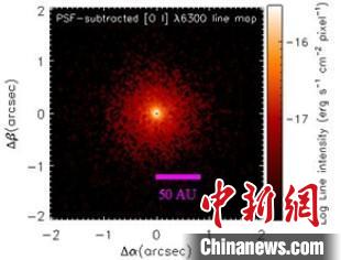 仪器中观测原行星盘TW Hya中提取的氧发射线分布图，物理分辨率约为3.7个日地距离。　中国科学院紫金山天文台 供图