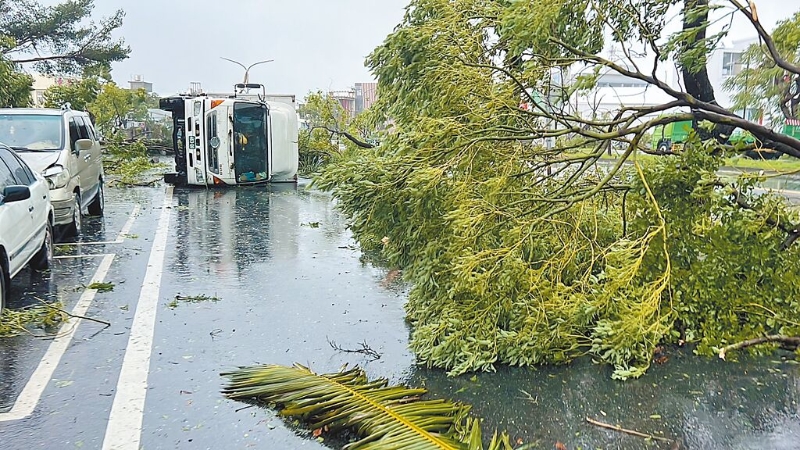 海葵颱風登陸台東，台東縣有路樹不敵強風而倒塌，甚至連貨車都被吹倒。（蔡旻妤攝）