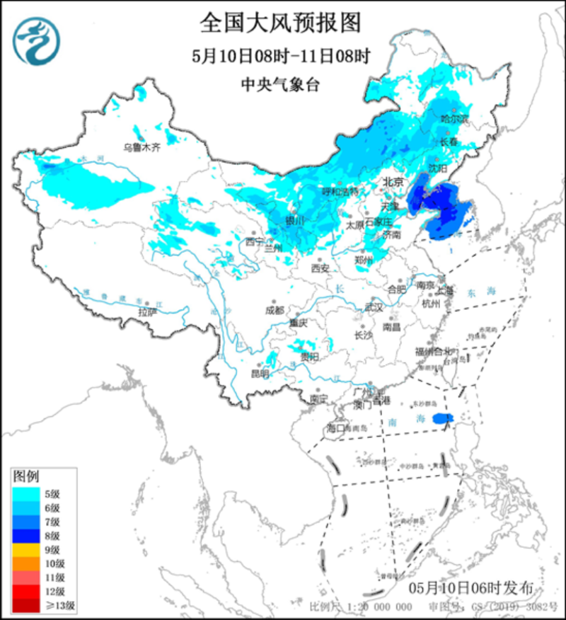 全国大风预报图（5月10日08时-11日08时）