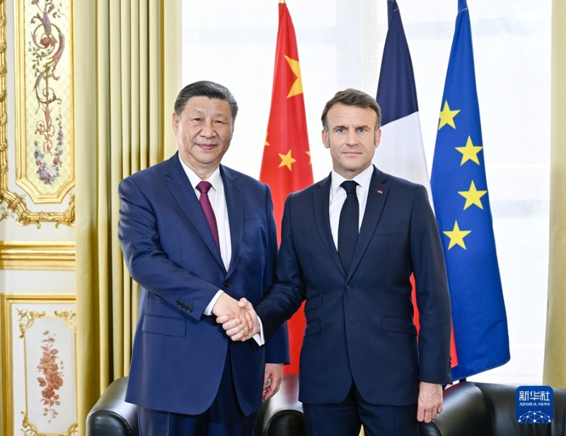 当地时间5月6日下午，国家主席习近平在巴黎爱丽舍宫同法国总统马克龙举行会谈。 新华社记者 殷博古 摄
