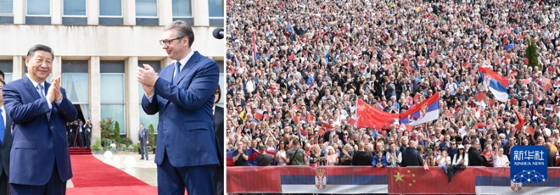 当地时间5月8日上午，国家主席习近平在贝尔格莱德塞尔维亚大厦同塞尔维亚总统武契奇举行会谈。会谈前，武契奇陪同习近平来到政府大厦平台（左图）。大厦广场上，一万五千名塞尔维亚民众挥舞中塞两国国旗，对习近平表示最热烈的欢迎（右图）。（拼版照片） 新华社记者 黄敬文 丁海涛 摄