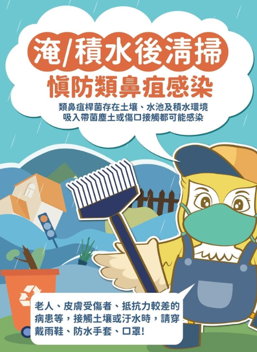 台中市卫生局提醒民众，类鼻疽常见病征包括发烧、头痛、局部肿痛、溃疡、胸痛、咳嗽、咳血及淋巴结肿大，可导致皮肤脓肿、肺炎、脑炎、败血症，需尽速以适当抗生素治疗