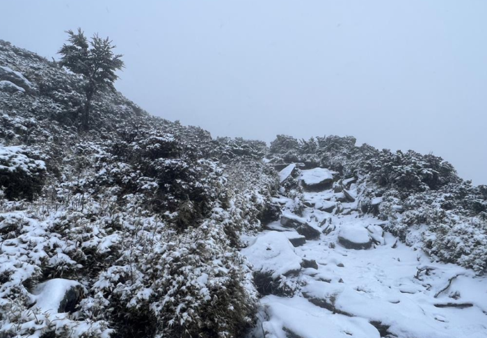 嘉明湖步道过9公里处山区降雪画面